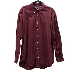 Ralph Lauren Mens Button Down Shirt Burgundy Cotton Long Sleeve Pony Logo Large